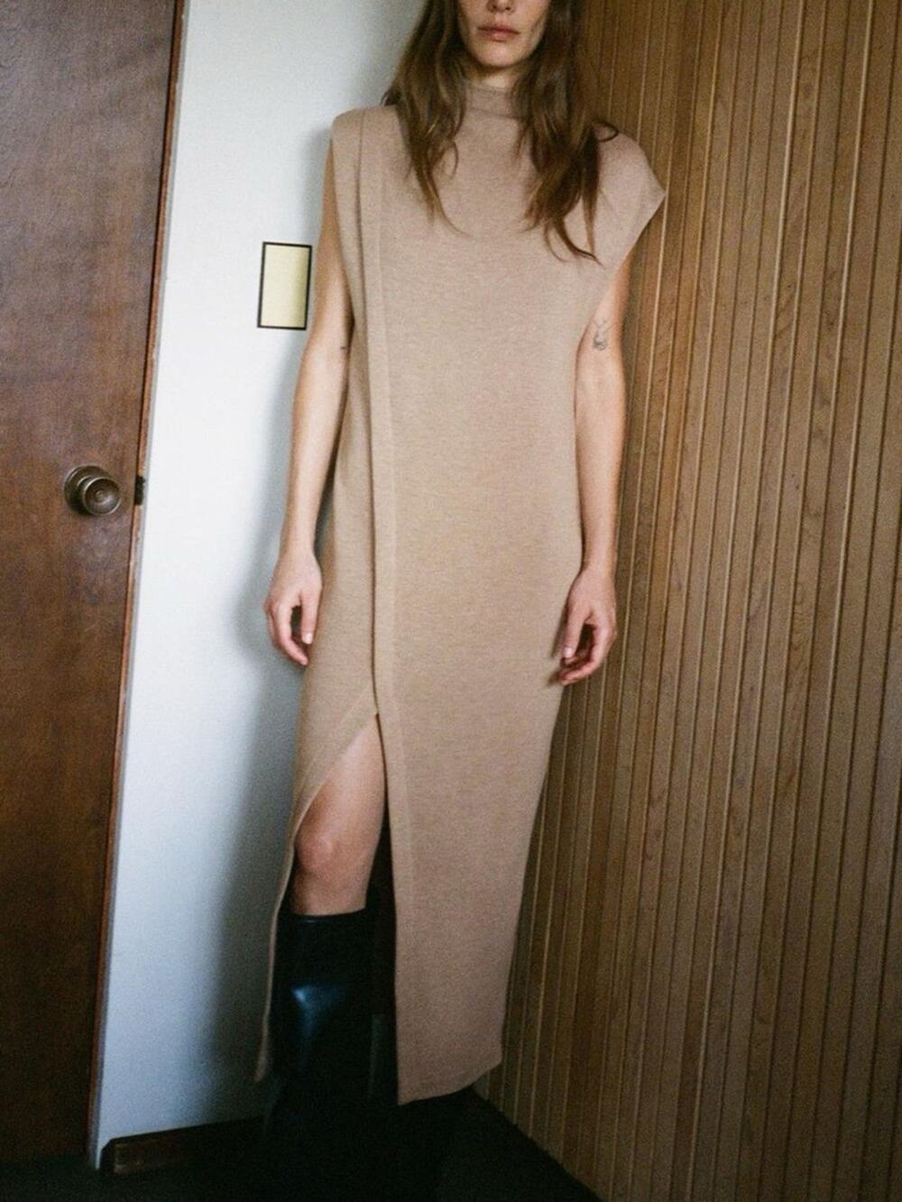 Zara Camel Tan Stretch Knit Asymmetrical Slit Turtleneck Midi Dress Size Large